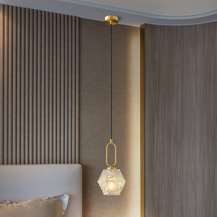 Modern Minimalist Hexagonal Full Brass Frame Glass Shade 1-Light Pendant Light For Bedroom