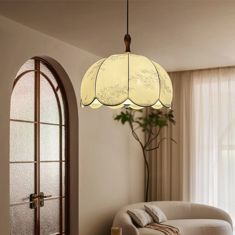 Lámpara colgante de 3 luces con pantalla de tela, marco de hierro y madera maciza, estilo tradicional francés con forma de cúpula redonda, para sala de estar 