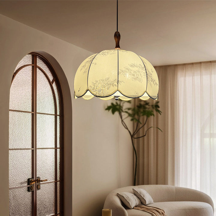 Lámpara colgante de 3 luces con pantalla de tela, marco de hierro y madera maciza, estilo tradicional francés con forma de cúpula redonda, para sala de estar 