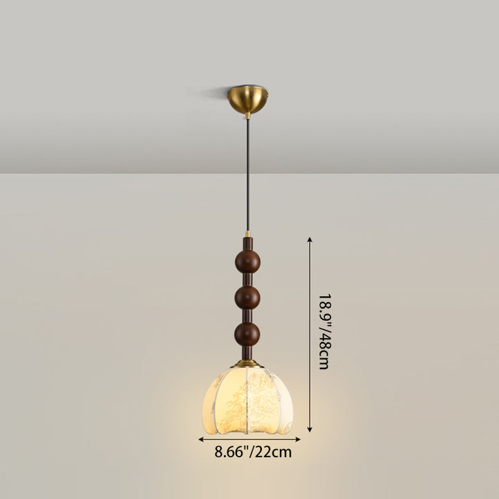 Traditional Vintage Dome Round Beads Floral Fabric Shade Wood Hardware Frame 1-Light Pendant Light For Living Room
