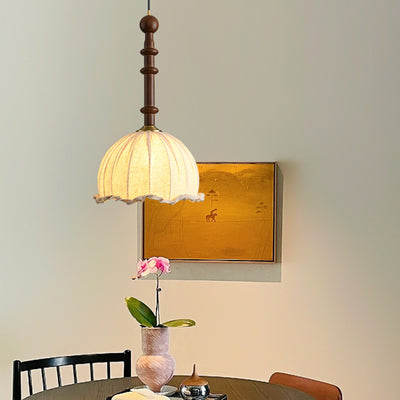 Traditional Vintage Dome Cylinder Lace Fabric Shade Wood Hardware Frame 1-Light Pendant Light For Living Room