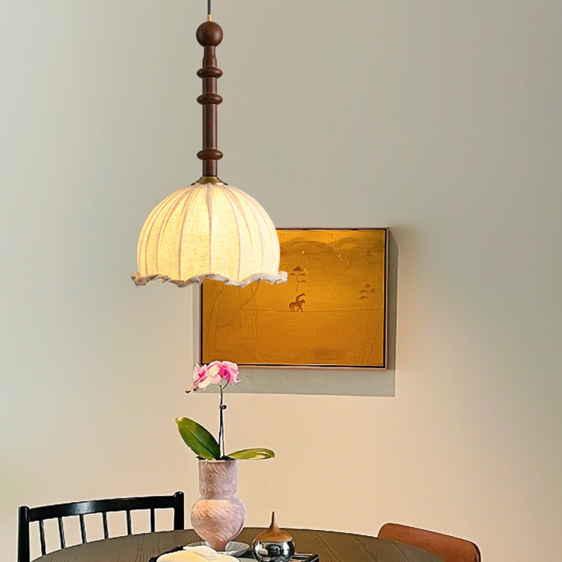 Traditional Vintage Dome Cylinder Lace Fabric Shade Wood Hardware Frame 1-Light Pendant Light For Living Room
