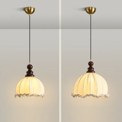 Traditional Vintage Dome Cylinder Lace Fabric Shade Wood Hardware Frame 1-Light Pendant Light For Living Room