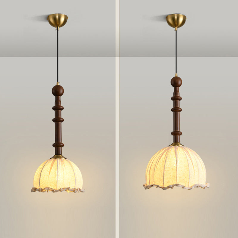 Traditional Vintage Dome Cylinder Lace Fabric Shade Wood Hardware Frame 1-Light Pendant Light For Living Room