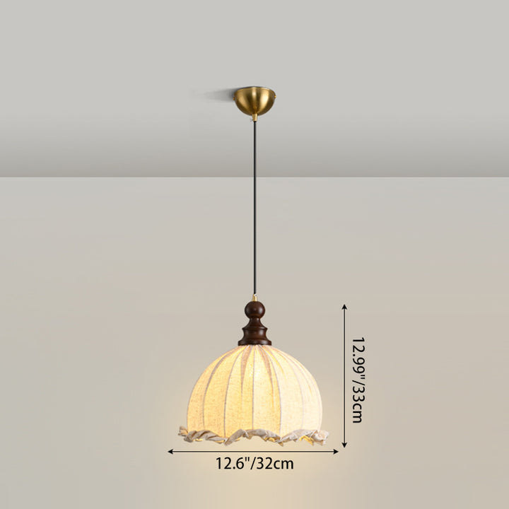 Traditional Vintage Dome Cylinder Lace Fabric Shade Wood Hardware Frame 1-Light Pendant Light For Living Room