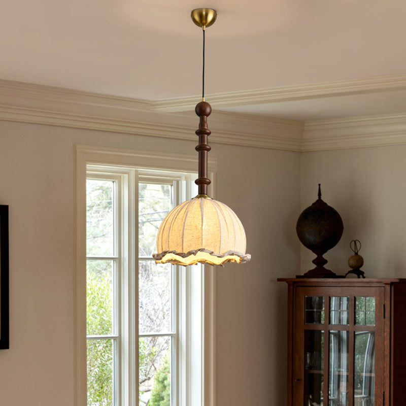 Traditional Vintage Dome Cylinder Lace Fabric Shade Wood Hardware Frame 1-Light Pendant Light For Living Room