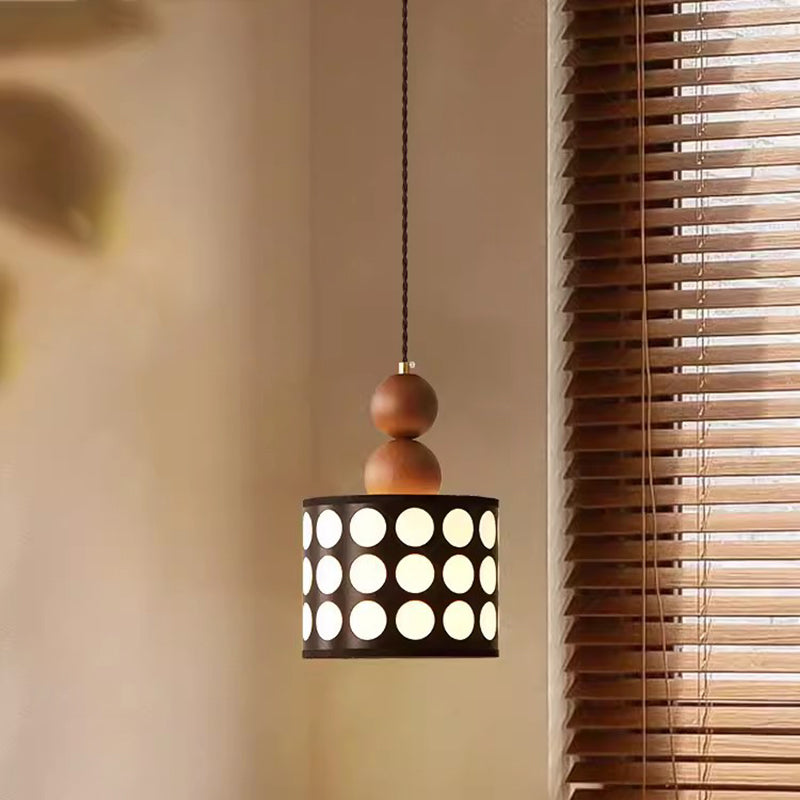 Lámpara colgante de 1 luz con cuentas vintage tradicionales, cilindro de madera y tela para sala de estar 