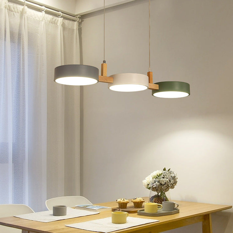 Lustre contemporain nordique rond en fer, acrylique et bois avec LED pour salle à manger 