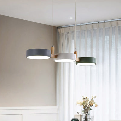 Lustre contemporain nordique rond en fer, acrylique et bois avec LED pour salle à manger 