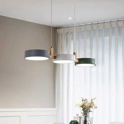 Lustre contemporain nordique rond en fer, acrylique et bois avec LED pour salle à manger 