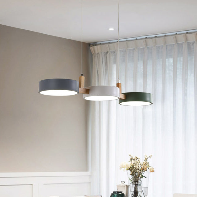 Lustre contemporain nordique rond en fer, acrylique et bois avec LED pour salle à manger 