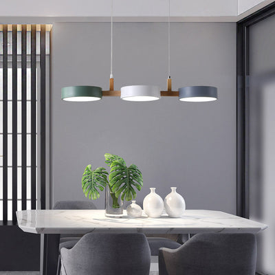 Lustre contemporain nordique rond en fer, acrylique et bois avec LED pour salle à manger 