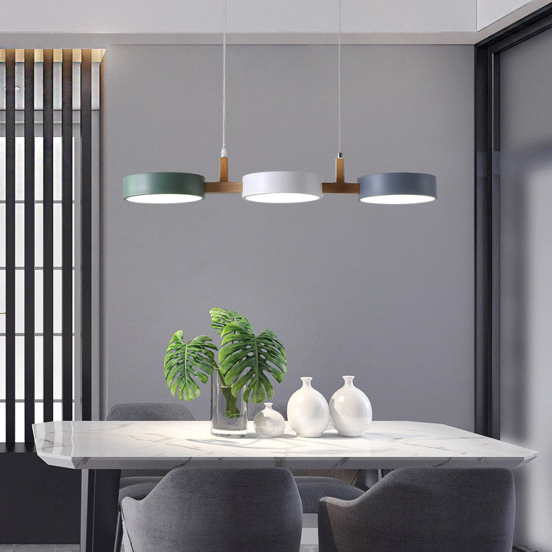 Lustre contemporain nordique rond en fer, acrylique et bois avec LED pour salle à manger 