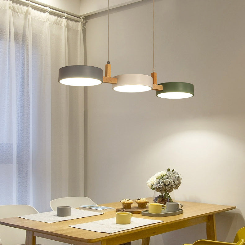 Lustre contemporain nordique rond en fer, acrylique et bois avec LED pour salle à manger 