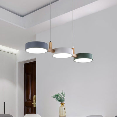 Lustre contemporain nordique rond en fer, acrylique et bois avec LED pour salle à manger 
