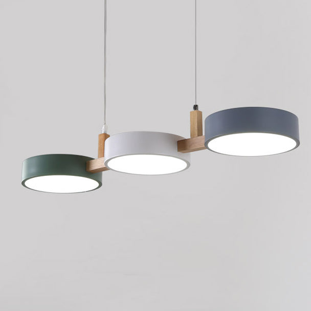 Lustre contemporain nordique rond en fer, acrylique et bois avec LED pour salle à manger 