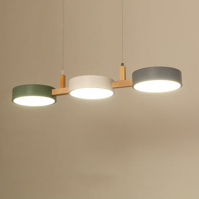 Lustre contemporain nordique rond en fer, acrylique et bois avec LED pour salle à manger 