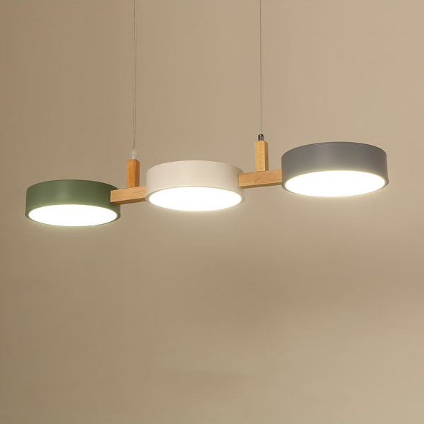 Lustre contemporain nordique rond en fer, acrylique et bois avec LED pour salle à manger 
