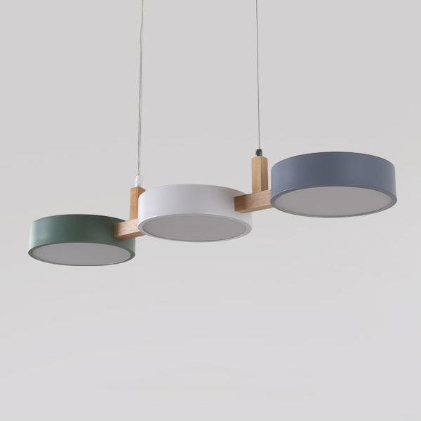 Lustre contemporain nordique rond en fer, acrylique et bois avec LED pour salle à manger 