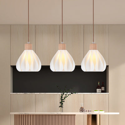 Contemporain Rétro Rond Pétale Forme Bois de Caoutchouc Abat-jour Imprimé 3D 1/3 Lumière Îlot Lustre Pour Salle à Manger 