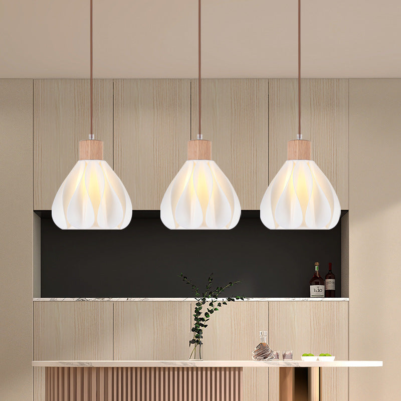 Contemporain Rétro Rond Pétale Forme Bois de Caoutchouc Abat-jour Imprimé 3D 1/3 Lumière Îlot Lustre Pour Salle à Manger 