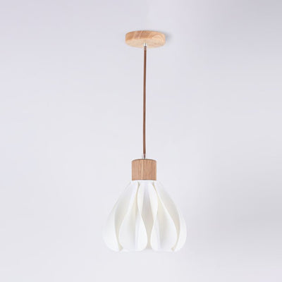Contemporain Rétro Rond Pétale Forme Bois de Caoutchouc Abat-jour Imprimé 3D 1/3 Lumière Îlot Lustre Pour Salle à Manger 