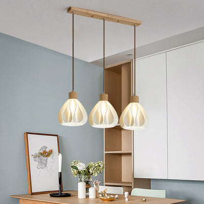 Contemporain Rétro Rond Pétale Forme Bois de Caoutchouc Abat-jour Imprimé 3D 1/3 Lumière Îlot Lustre Pour Salle à Manger 