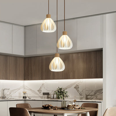 Contemporain Rétro Rond Pétale Forme Bois de Caoutchouc Abat-jour Imprimé 3D 1/3 Lumière Îlot Lustre Pour Salle à Manger 