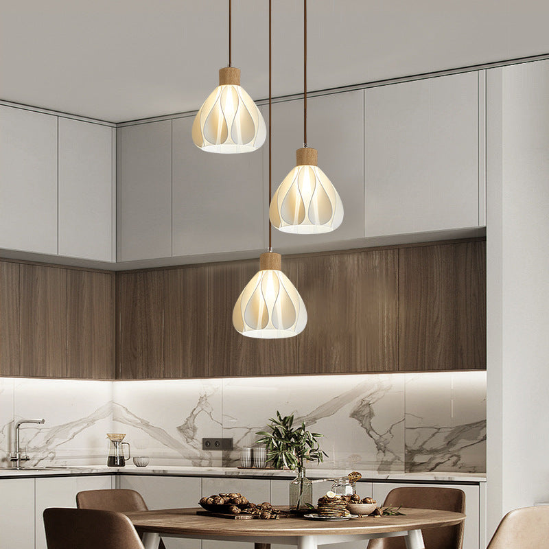 Contemporain Rétro Rond Pétale Forme Bois de Caoutchouc Abat-jour Imprimé 3D 1/3 Lumière Îlot Lustre Pour Salle à Manger 