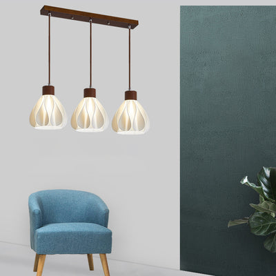 Contemporain Rétro Rond Pétale Forme Bois de Caoutchouc Abat-jour Imprimé 3D 1/3 Lumière Îlot Lustre Pour Salle à Manger 