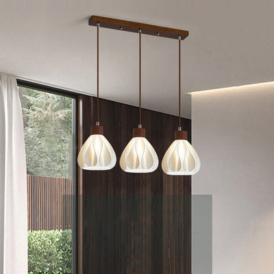 Contemporain Rétro Rond Pétale Forme Bois de Caoutchouc Abat-jour Imprimé 3D 1/3 Lumière Îlot Lustre Pour Salle à Manger 
