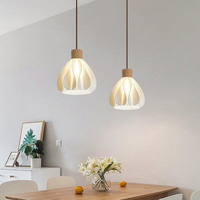 Contemporain Rétro Rond Pétale Forme Bois de Caoutchouc Abat-jour Imprimé 3D 1/3 Lumière Îlot Lustre Pour Salle à Manger 