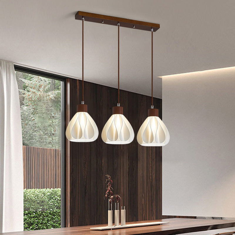 Contemporain Rétro Rond Pétale Forme Bois de Caoutchouc Abat-jour Imprimé 3D 1/3 Lumière Îlot Lustre Pour Salle à Manger 