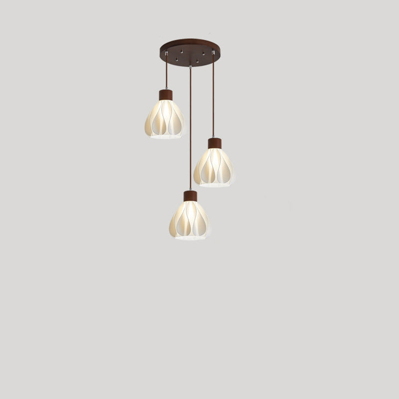 Contemporain Rétro Rond Pétale Forme Bois de Caoutchouc Abat-jour Imprimé 3D 1/3 Lumière Îlot Lustre Pour Salle à Manger 