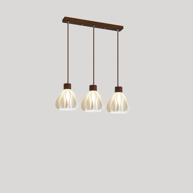 Contemporain Rétro Rond Pétale Forme Bois de Caoutchouc Abat-jour Imprimé 3D 1/3 Lumière Îlot Lustre Pour Salle à Manger 