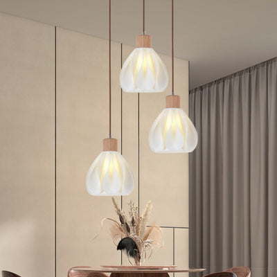 Contemporain Rétro Rond Pétale Forme Bois de Caoutchouc Abat-jour Imprimé 3D 1/3 Lumière Îlot Lustre Pour Salle à Manger 