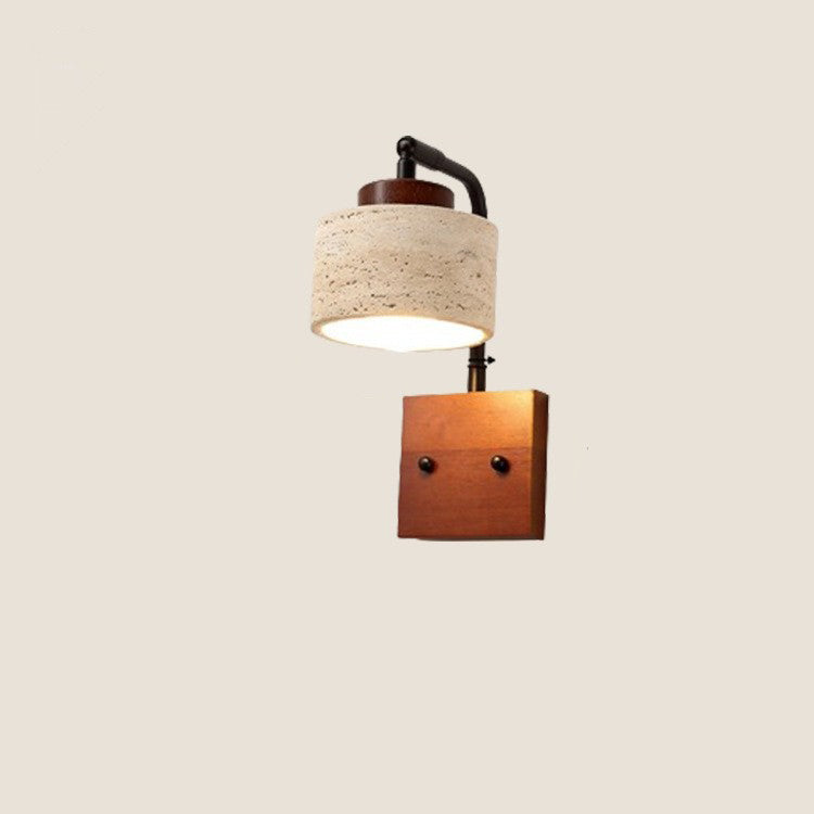 Traditionelle japanische Zylinderlampe mit gelbem Travertinschirm, quadratischem massivem Holzsockel und Eisen, 1-flammige Wandleuchte für das Schlafzimmer 