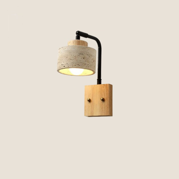 Traditionelle japanische Zylinderlampe mit gelbem Travertinschirm, quadratischem massivem Holzsockel und Eisen, 1-flammige Wandleuchte für das Schlafzimmer 