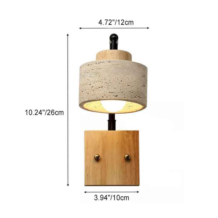 Traditionelle japanische Zylinderlampe mit gelbem Travertinschirm, quadratischem massivem Holzsockel und Eisen, 1-flammige Wandleuchte für das Schlafzimmer 