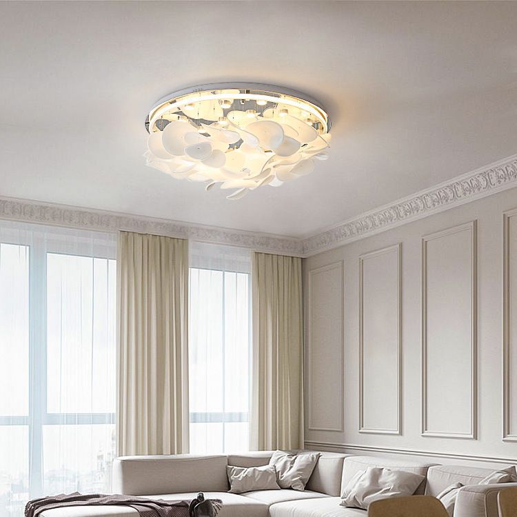 Zeitgenössische nordische runde Blütenblatt-Deckenleuchte aus Edelstahl, Aluminium und Glas mit LED für das Wohnzimmer 