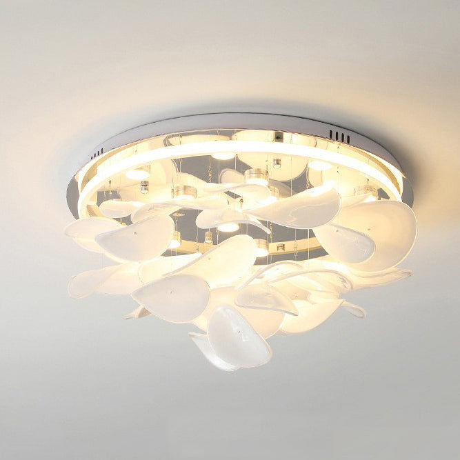Zeitgenössische nordische runde Blütenblatt-Deckenleuchte aus Edelstahl, Aluminium und Glas mit LED für das Wohnzimmer 