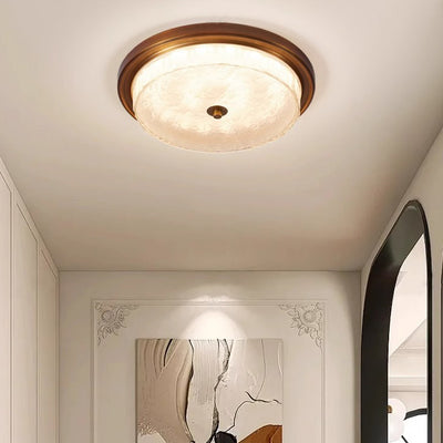 Traditional Vintage Round Water Ripple Glass Shade Copper Base LED Flush Mount Ceiling Light For Living Room