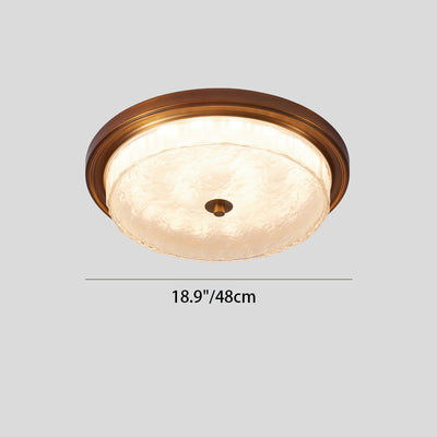 Traditional Vintage Round Water Ripple Glass Shade Copper Base LED Flush Mount Ceiling Light For Living Room