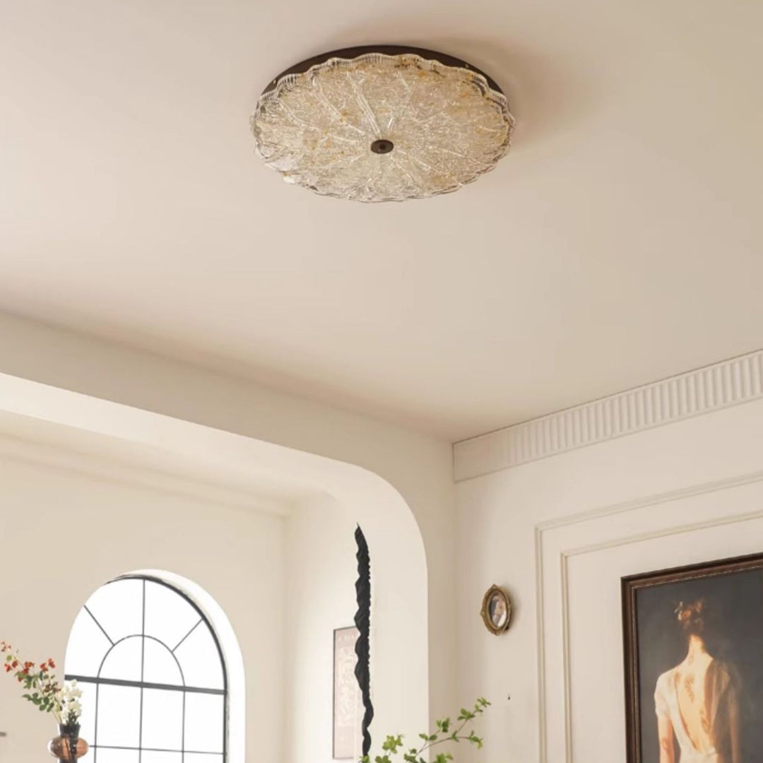 Luz de techo LED empotrada contemporánea retro redonda de encaje con lámina de oro de resina de hierro para sala de estar 