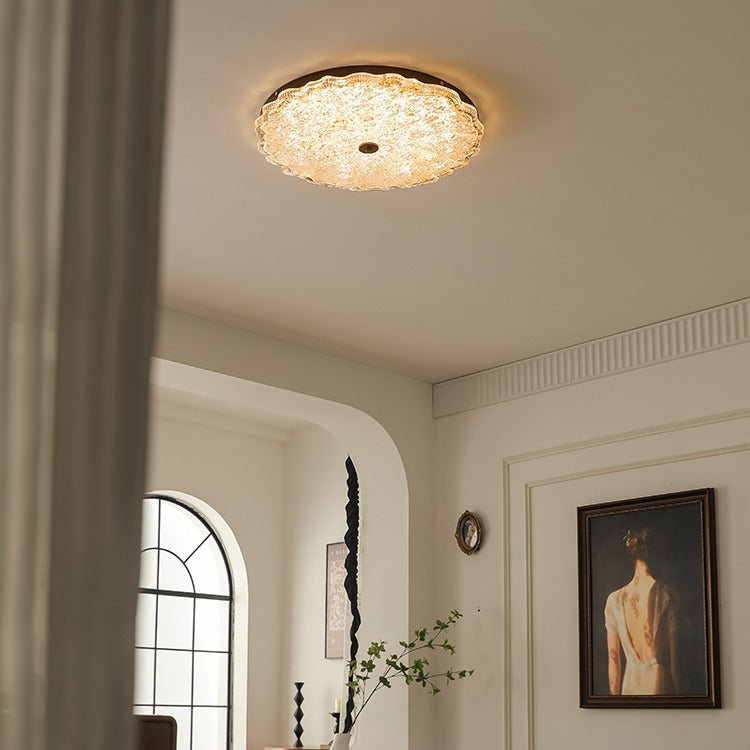 Luz de techo LED empotrada contemporánea retro redonda de encaje con lámina de oro de resina de hierro para sala de estar 
