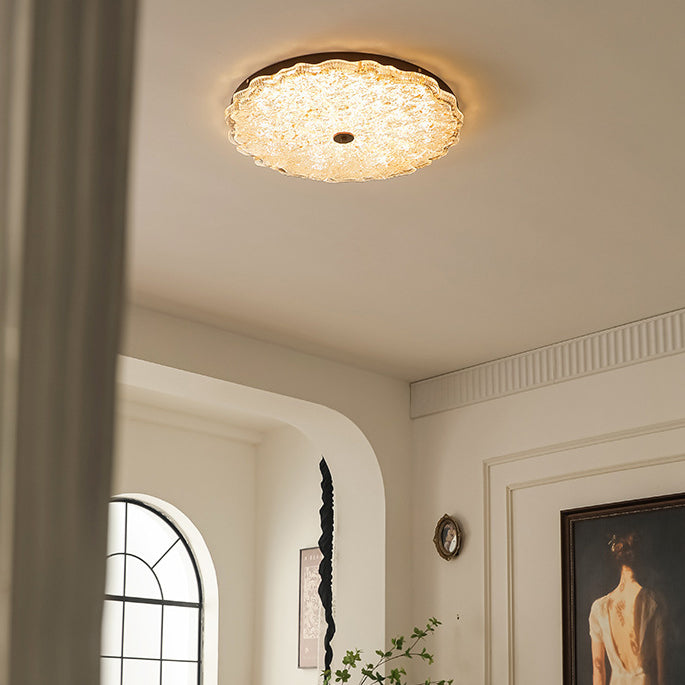 Luz de techo LED empotrada contemporánea retro redonda de encaje con lámina de oro de resina de hierro para sala de estar 