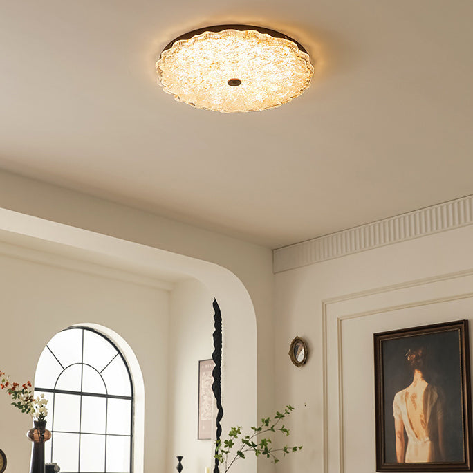 Luz de techo LED empotrada contemporánea retro redonda de encaje con lámina de oro de resina de hierro para sala de estar 