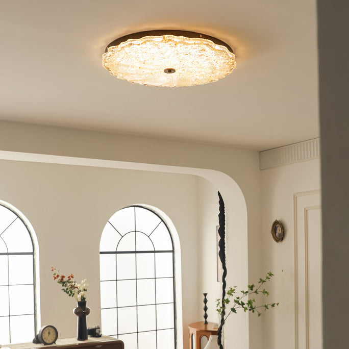 Luz de techo LED empotrada contemporánea retro redonda de encaje con lámina de oro de resina de hierro para sala de estar 