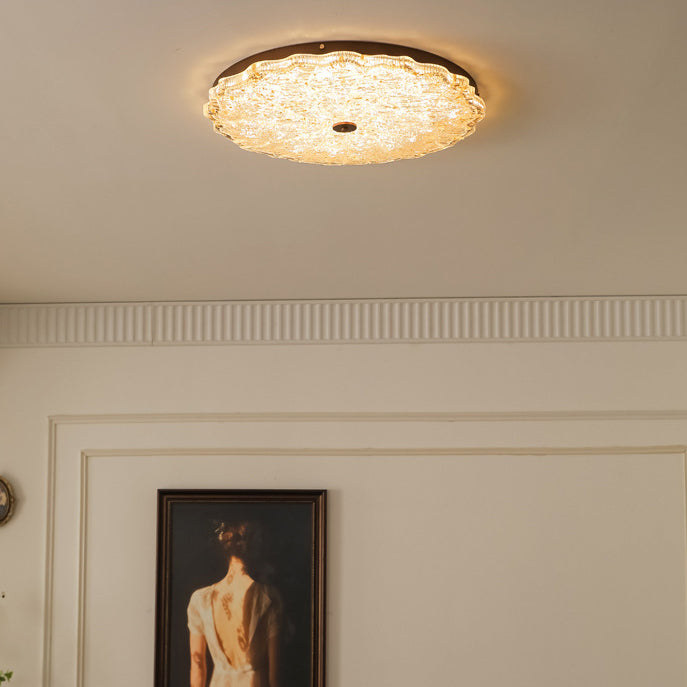 Luz de techo LED empotrada contemporánea retro redonda de encaje con lámina de oro de resina de hierro para sala de estar 