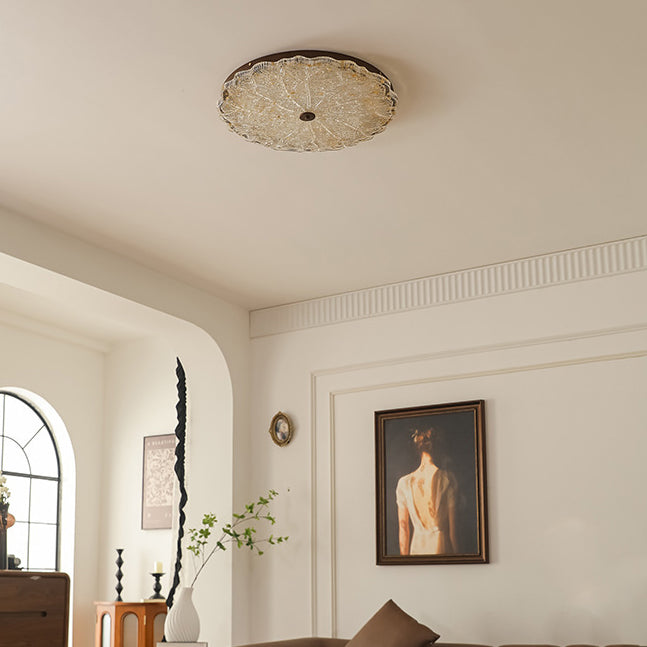 Luz de techo LED empotrada contemporánea retro redonda de encaje con lámina de oro de resina de hierro para sala de estar 